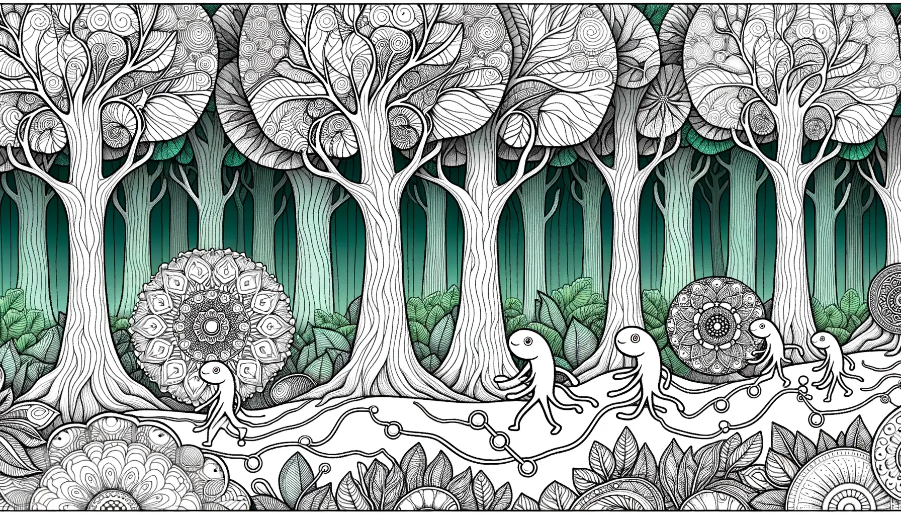 Wide illustration: A serene forest where trees have leaves shaped like coloring patterns and mandalas. Neurons wander around, coloring the scenery, while neurotransmitter creatures like Serotonin and GABA guide them, showcasing the harmony between coloring and brain health.